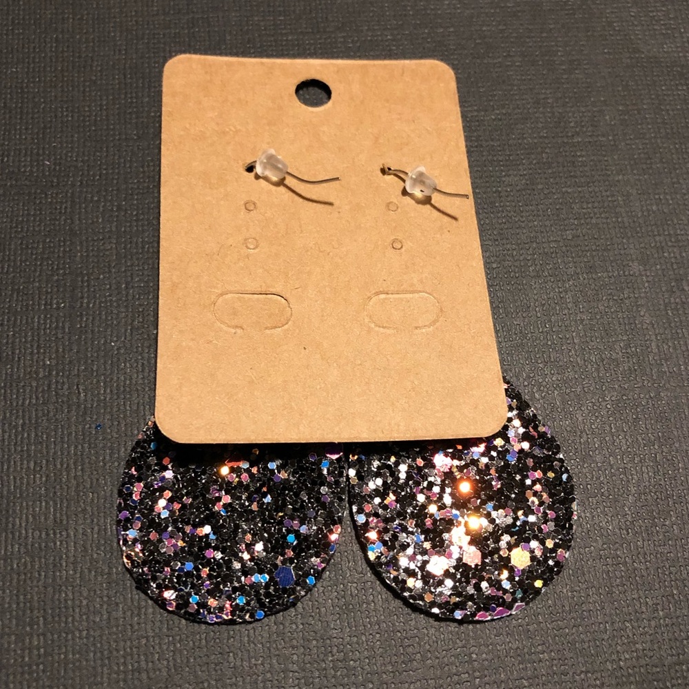 Black Sparkle Teardrop Leather Earrings - Picture 2 of 4